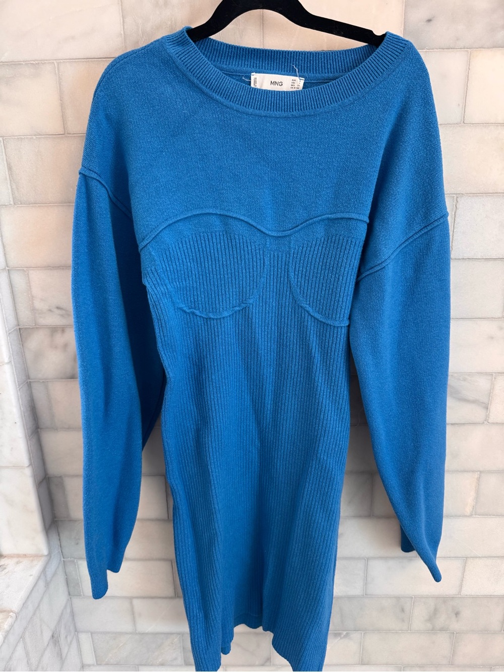 Mango Vibrant Blue Ribbed Crewneck Sweater Dress